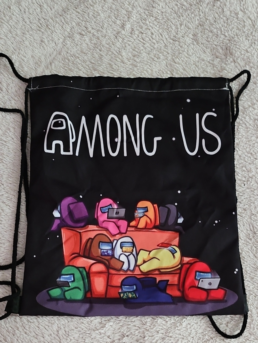 Among Us Black Drawstring Backpack with Colorful Crew Graphic